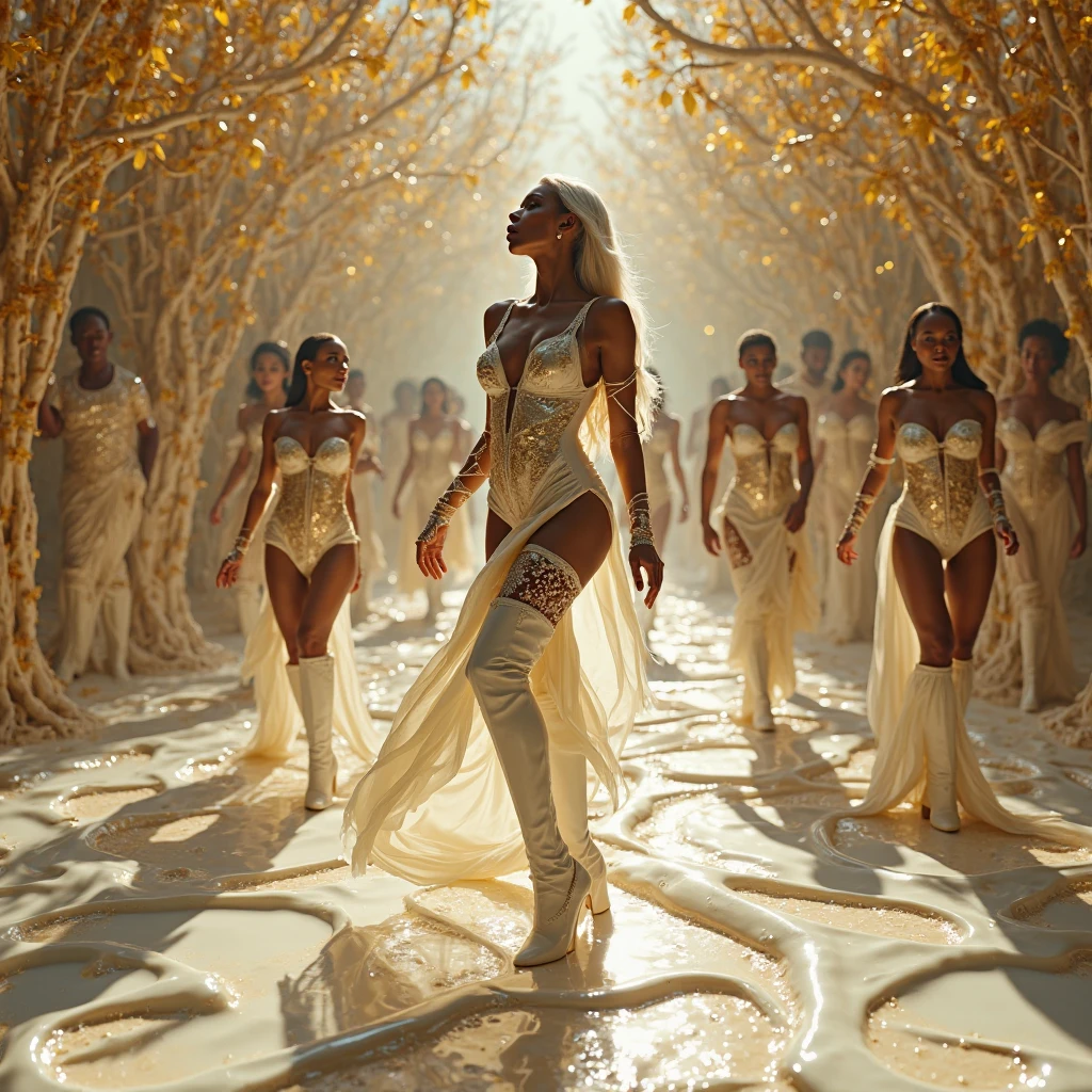 8 Black women in a golden and white hall. Upper Body encrusted in gold. Golden eyes. Sultry look. Long white hair that reaches her feet. Golden beads on head that reaches her forehead. Long golden earrings. Full Finger Chinese style gold rings. Filled with golden lightening. Ultra high quality.