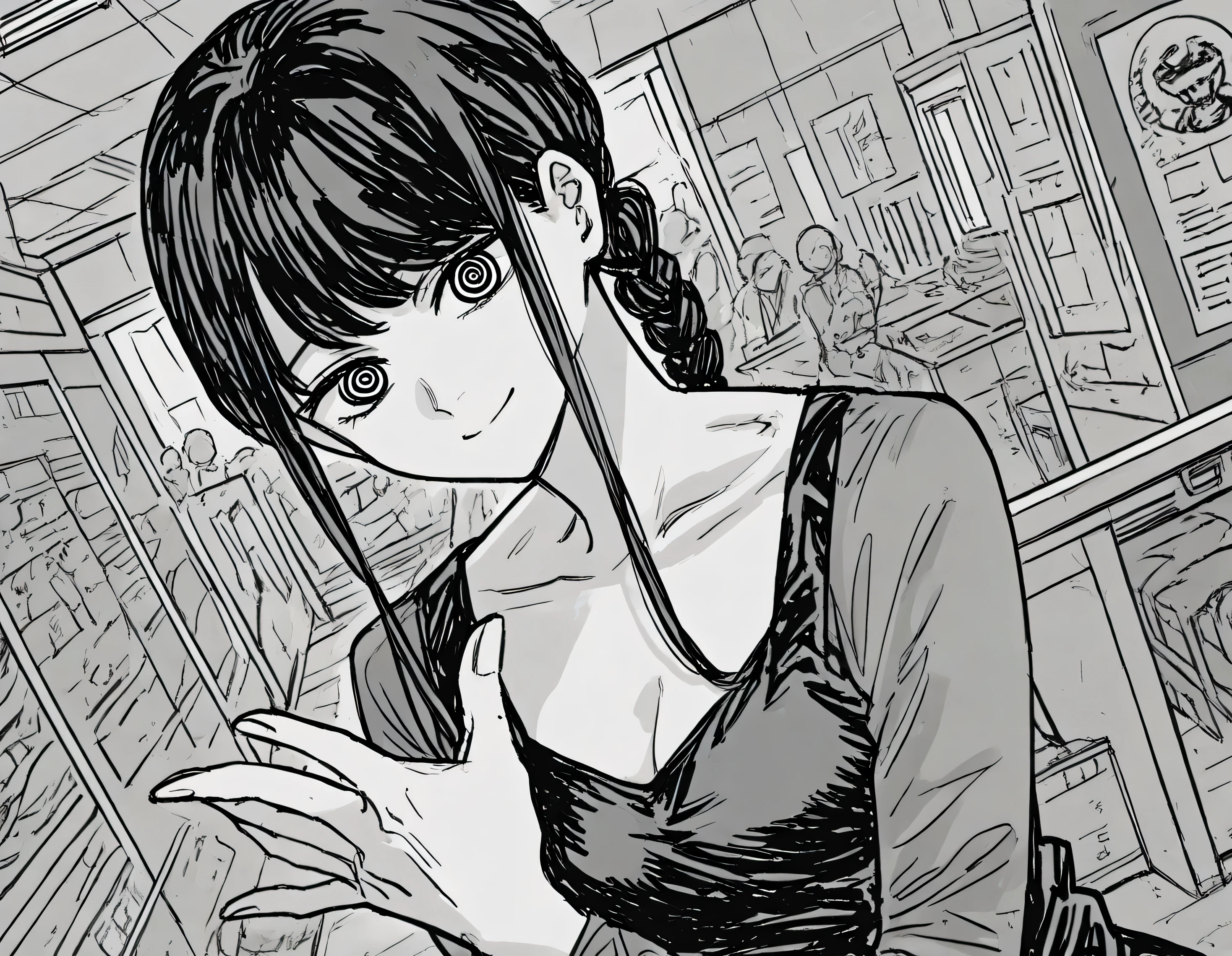 score_9, score_8_arriba, score_7_arriba,   source  _anime,
hands, hands, Long Hair, smile, hits,  braid,  braided ponytail, ringed eyes,  monochrome, grayscale,
Skin Kamen Rider, without helmet, very open neckline, sexy lady,
indoors, office, smile, inclined,
looking at the spectator,  cowboy shot, Dutch Angle, Alone ,