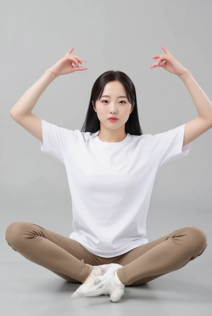 Three women doing yoga Taiwanese girl 18 years old with baby face and big breasts Asian woman wearing white shirt and black shorts lying on yoga mat，  girl in maid outfit，have big breasts，Doing push-ups on mat in gym，charming depiction，Lively and dynamic，images full of energy