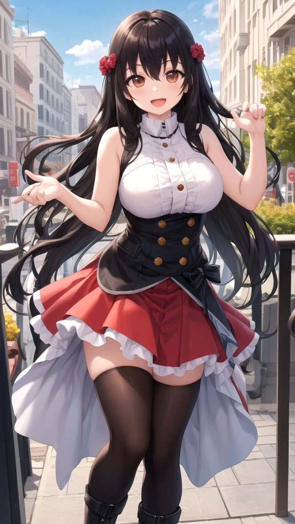 ((masterpiece, best quality)), High resolution, distinct image, (1girl), (solo), (female Focus), posing, (g0thdr3ss, dress, dip hem dress, gothic, white and black dress, highheels, ankle boots, lace train, dip hem, bare shoulders, corset dress,), (long black hair), (red eyes), (eyelashes), (large breasts 1.4), oficial art