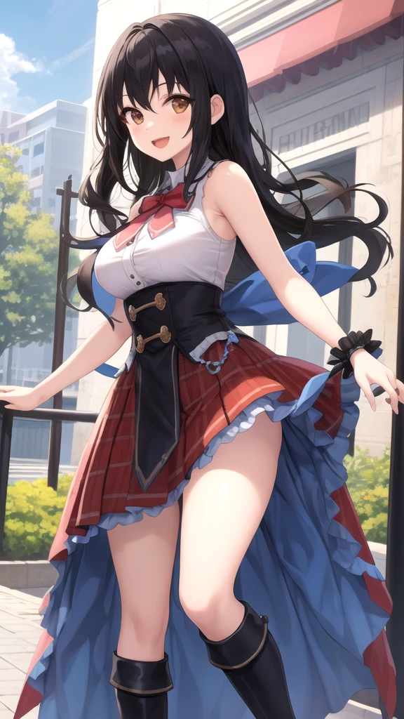 ((Tabletop, highest quality, High resolution, , Pixel Perfect, 4K, ))), Beautiful woman,, alone, beauty、The whole body is visible、 (((Sexy Witch Cosplay), Long dark blonde wavy hair、Off-the-shoulder jacket, Dark blue flared skirt、Witch Hat、Mid-wave hair, bangs, Brown Hair)), ((Brown eyes, Beautiful eyelashes, Realistic eyes)), ((Detailed face, Blushing:1.2)), ((Smooth texture:0.75, Realistic texture:0.65, Realistic:1.1, Anime CG Style)), Center of chest, Dynamic Angle, Perfect body, ((,)), 、、Very embarrassing panic smile, 、Castle town square、(The wind flipped up her skirt, 、、、、Show your ass、Light blue lace panties、)、Angle from below