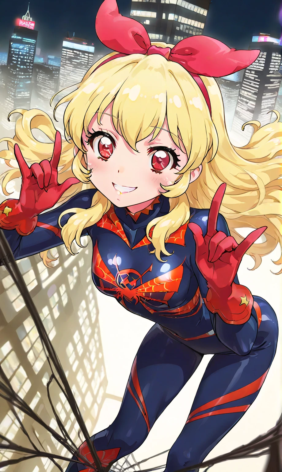 1girl, lucy heartfilia, solo, blonde hair, breasts, brown eyes, cleavage, twintails, open mouth, large breasts, ((spiderman outfit)), smile, detached sleeves, parody, :d,  <lora:lucy_heartfilia:0.5><hypernet:sgqo1n:1.0>