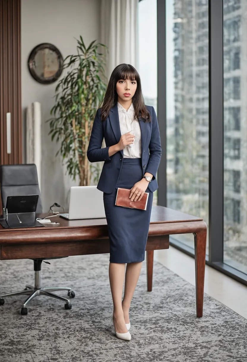 masutepiece,High quality,16k:1.1),(depth of fields:1.3) ,((front body:1.35)),Japanese ,Woman, ((business suit,black pencil skirt)),(Looking at Viewer:1.3),,(Beautiful Morning view of town:1.2), (blue jaket) (wetting herself:1.5),