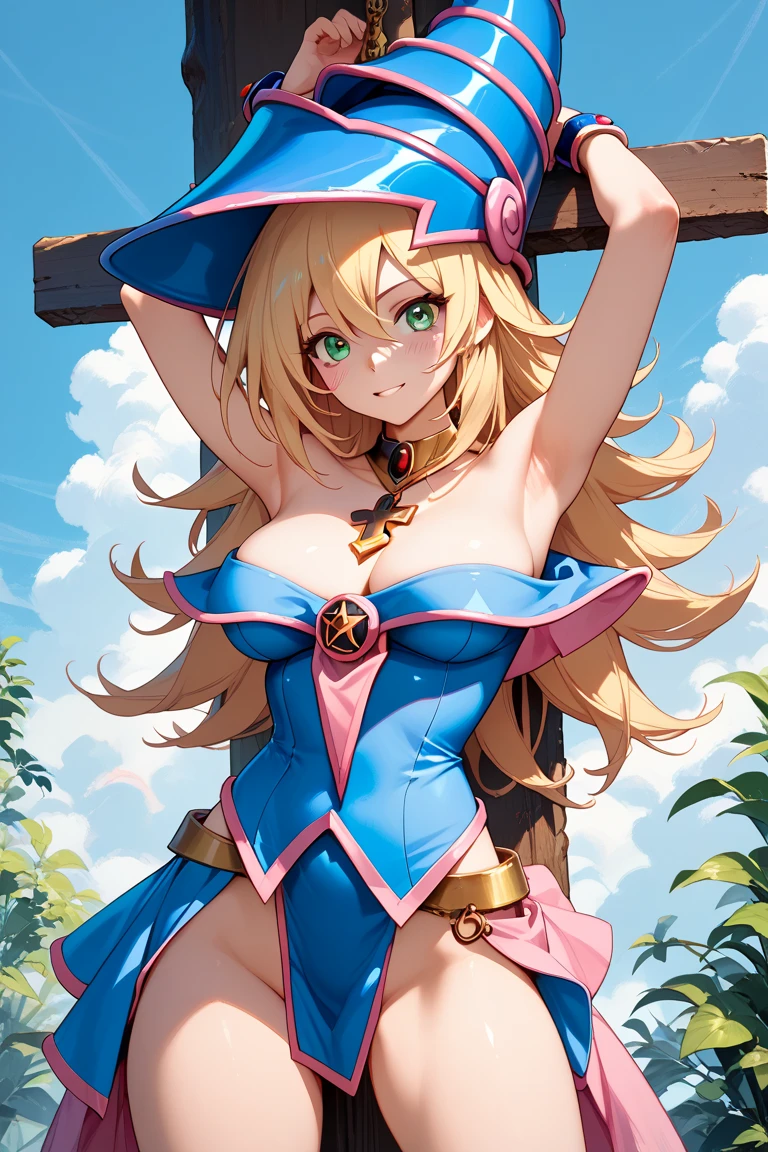 masterpiece, best quality, outdoors, field, grass, forest,
dark magician girl, duel monster, 1girl, solo, looking at viewer, sitting, blush stickers, blonde hair, green eyes, long hair, breasts, blush, bangs, large breasts, hair between eyes, pentacle, pentagram, hat, dress, cleavage, bare shoulders, collarbone, choker, blue headwear, wizard hat, bracer, detached sleeves,
<lora:LoRA_Magician2:1>