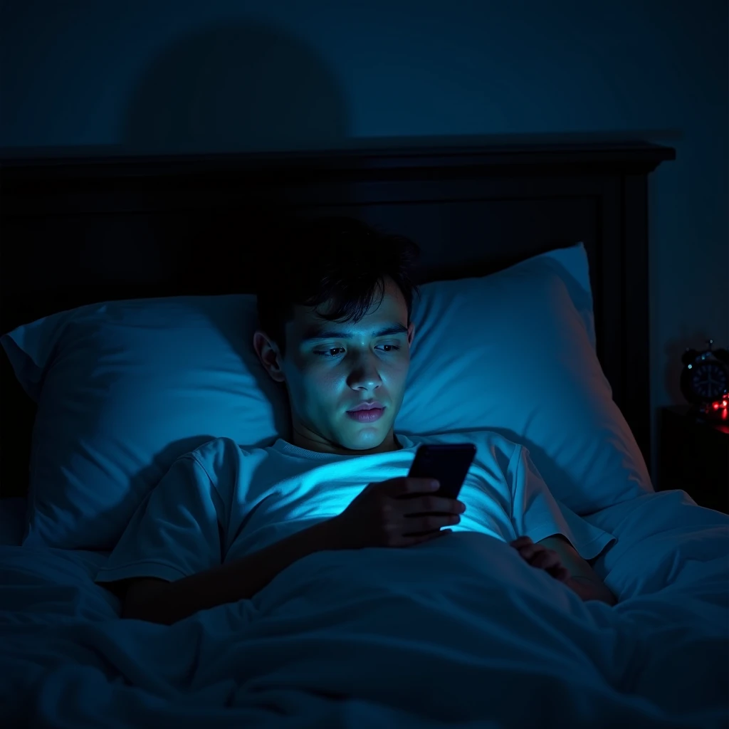  realistic photo of a teen male, with middle part hair style, messy hair . brown hair at home at night. No light. Taking a selfie. Arm in the picture. Laying on bed. No lights at all. Camera viev point 