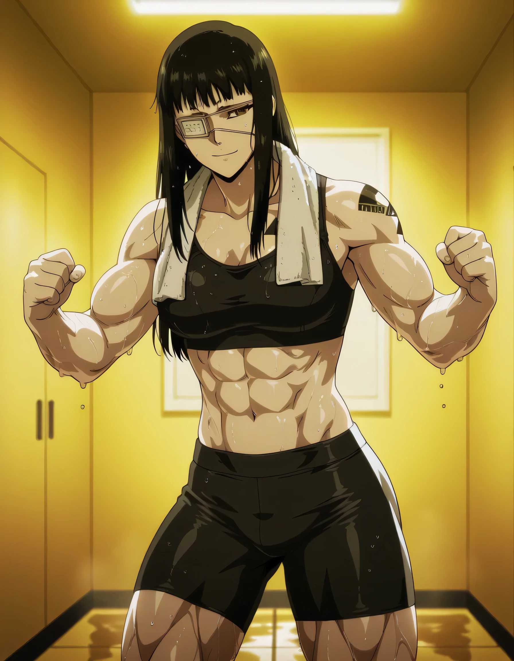 1girl,solo,mm,mature female,black hair,eyepatch,brown eyes,medium breasts,anime coloring,long hair,
muscular,black tight sport bra and black tight sport Elastic shorts,cowboy shot, , wet,training room, tattoo,
,masterpiece,best quality,amazing quality,,muscles and,muscles lines,muscles big size,pelvis muscles,strength muscles looking,dynamic air,Valmet handsome face,Shining abs and shoulders,eight-pack,iron muscles,,Barefoot, sporting attractiveness sexual attractiveness ,sexual muscles,light smile, Valmet tall body,towel around her neck,yellow light in room,in night,too wet,standing in fighting pose,Valmet have a penis inside her short,Bulge between valmet legs indicates she have a tall not erect penis,Valmet muscles designed indicates that Valmet has a high sexual activity,fits in fighting pose