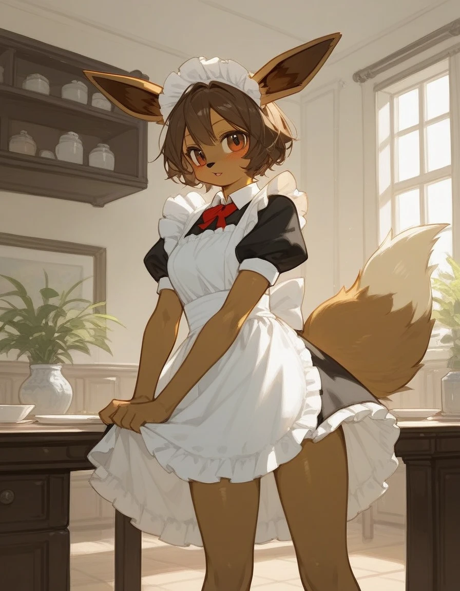 alone, score_9,score_8_up,score_7_up, an anthro furry female eevee girl, black sclera, white eyes, wearing maid dress, white panties, sitting on a beanbag chair.