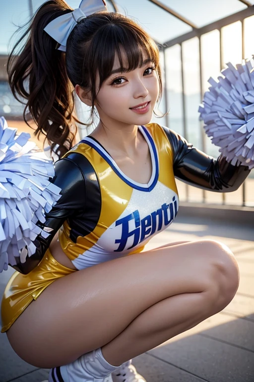 1 person, Realist, Cheerleader, School, Dynamic pose, Shaking breasts, Large Breasts, Are standing, smile, Sweat, drops of Sweat, Grams, Underbust, Crop top, Glowing Skin, mini skirt,