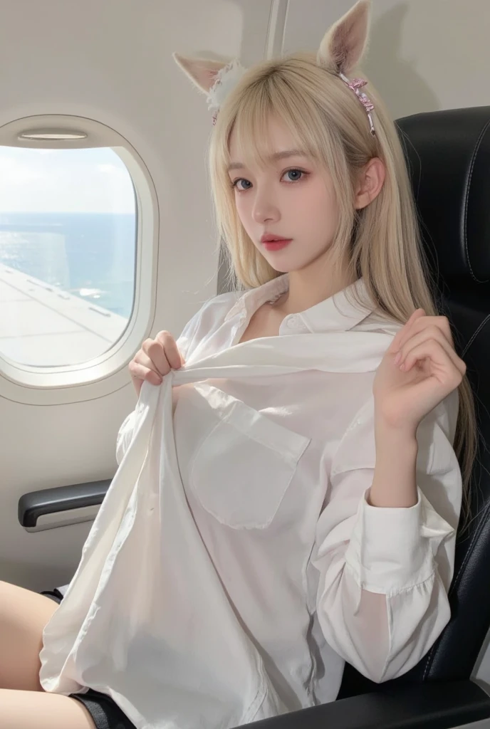 A young sexy woman with short hair and blonde hair in sexy clothes sits in a spaceship seat、A beautiful starry sky can be seen from the window.。