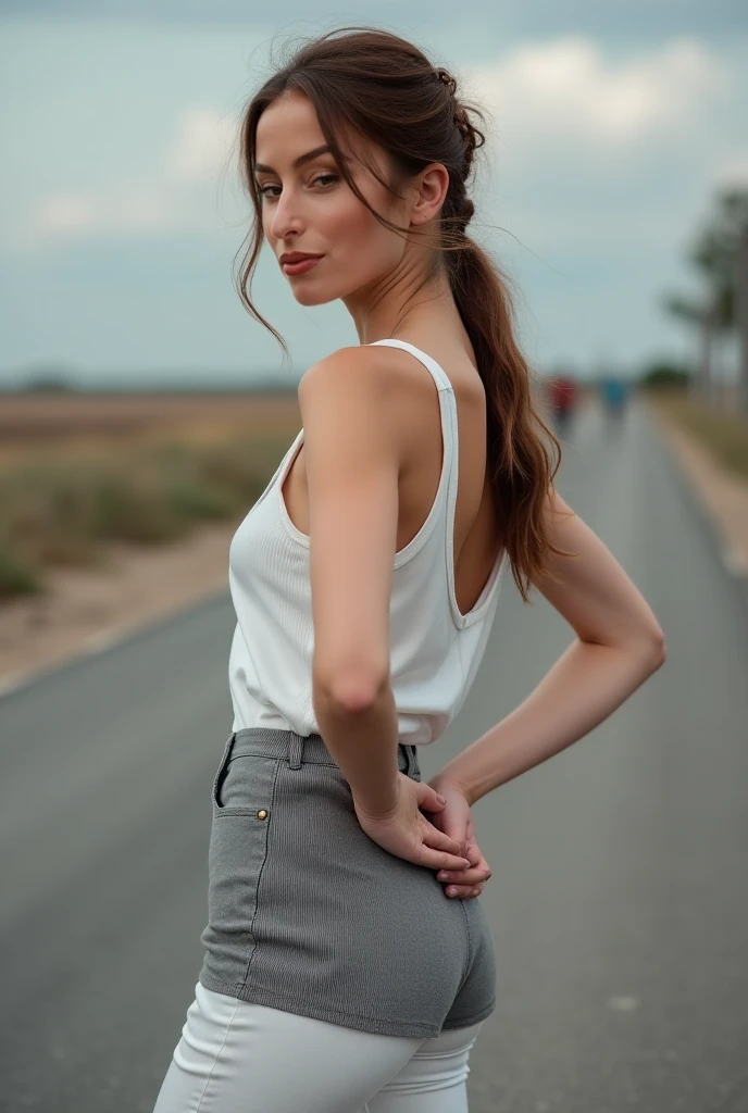 belle brune, des doigts, Jupe très courte, bas en dentelle visible, talon aiguille, marche dans la rue