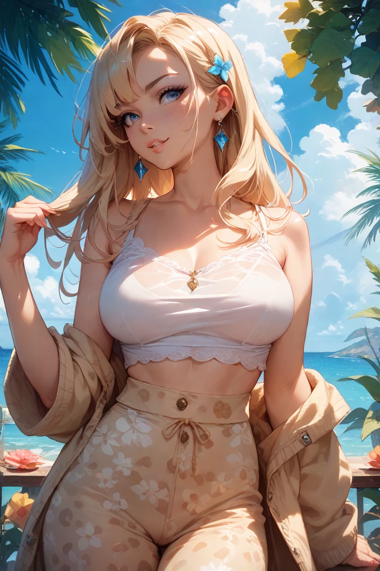 (masterpiece, Best Quality:1.37), High resolution, Ultra-detailed, ultra-sharp, Cinematic lighting, From below, 1girl in, (((1girl in:1.37, Solo))), (Beautiful face, Cute face, Detailed face), ((( Golden hair, Semi-long hair, Hair pulled back, Curly hair))), (((Detailed beautiful green eyes))), (((Sunny))), (((Getting wet on the beach))), (((White sheer blouse, Microblouse))), (((no brassiere))), (((The nipple is visible))), (((Transparent Micro Mini Skirt))), a navel, (((Sleeveless))), (((portrait shot)))