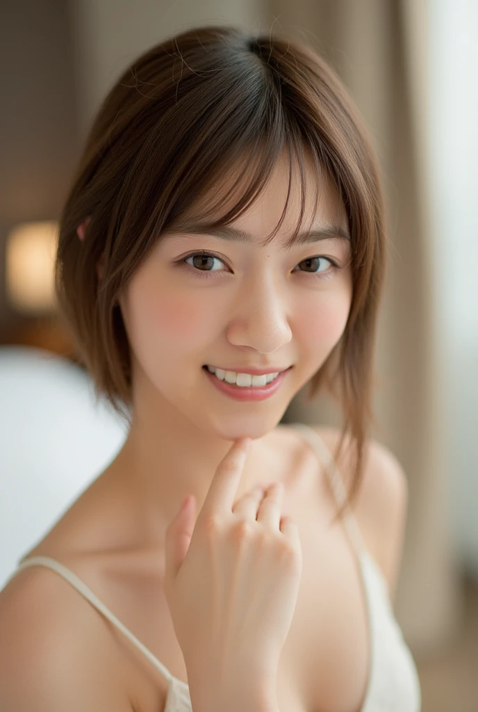 (8K、RAWE Photo、Highest quality、masterpiece:1.2)、(Real、Photorealistic:1.37)、Super detailed、Ultra-high resolution、1 girl、Beautiful detailed face、(Feather Cut: 0.6)、Professional Lighting、The lighting is bright、actress、model、Full body、Wide-angle shot、Daytime、bright、naked, simple background ,Simple Background、40-year-old woman、Mature Woman、Stand up straight、From the front、Standing still、smile、