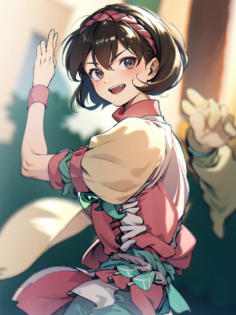 1girl, female, solo, young adult, medium hair length, soft wave, brown hair color, pink highlights in hair, deep brown eye color, happy expression, pink chinese clothes, yellow sleeves, green pants, pink headband, braid headband, cowboy shot, pink, cyan, sakura background, chinese background, outdoors, peach, eating peach, looking at the right with a dynamic pose, dancing, dancer costume, chinese dancer,