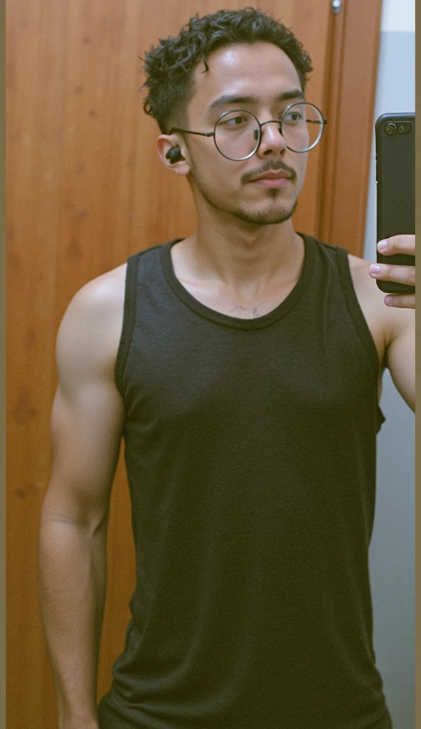 Character named "Nobita" , masculine, muscle, alt boy look, e-boy look, grunge, black sleeveless top, silver chains, silver bracelets, selfie in front of mirror pose, textured french crop hairstyle, silver spectacles, thin trimmed mustache 