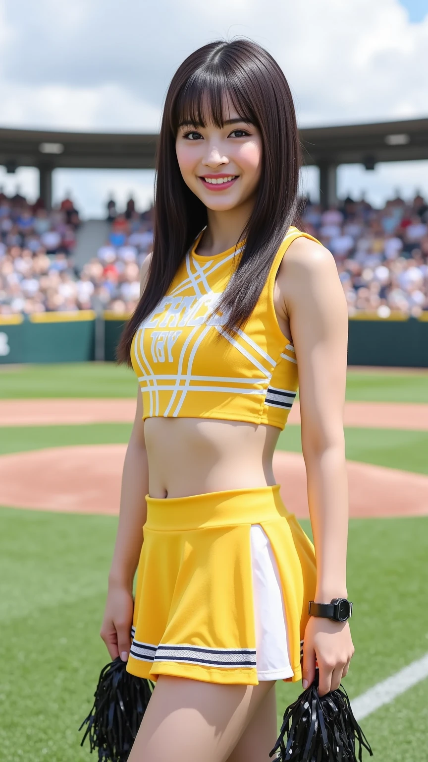 Really cute and beautiful cheerleader girl,(very detailed beautiful face),(holding a pom pom:1.1),(laugh), (stadium stand),cowboy shot,dynamic pose,(white panties),(sleeveless orange shirt),beautiful bridge,looking at viewer,black hair, (best quality,masterpiece:1.0),absurd,mackerel,very detailed,very detailed,32K,8K resolution, intricate details,cinematic scene,detailed background,alone,dynamic angle, Hair blowing in the wind,beautiful detailed sky,