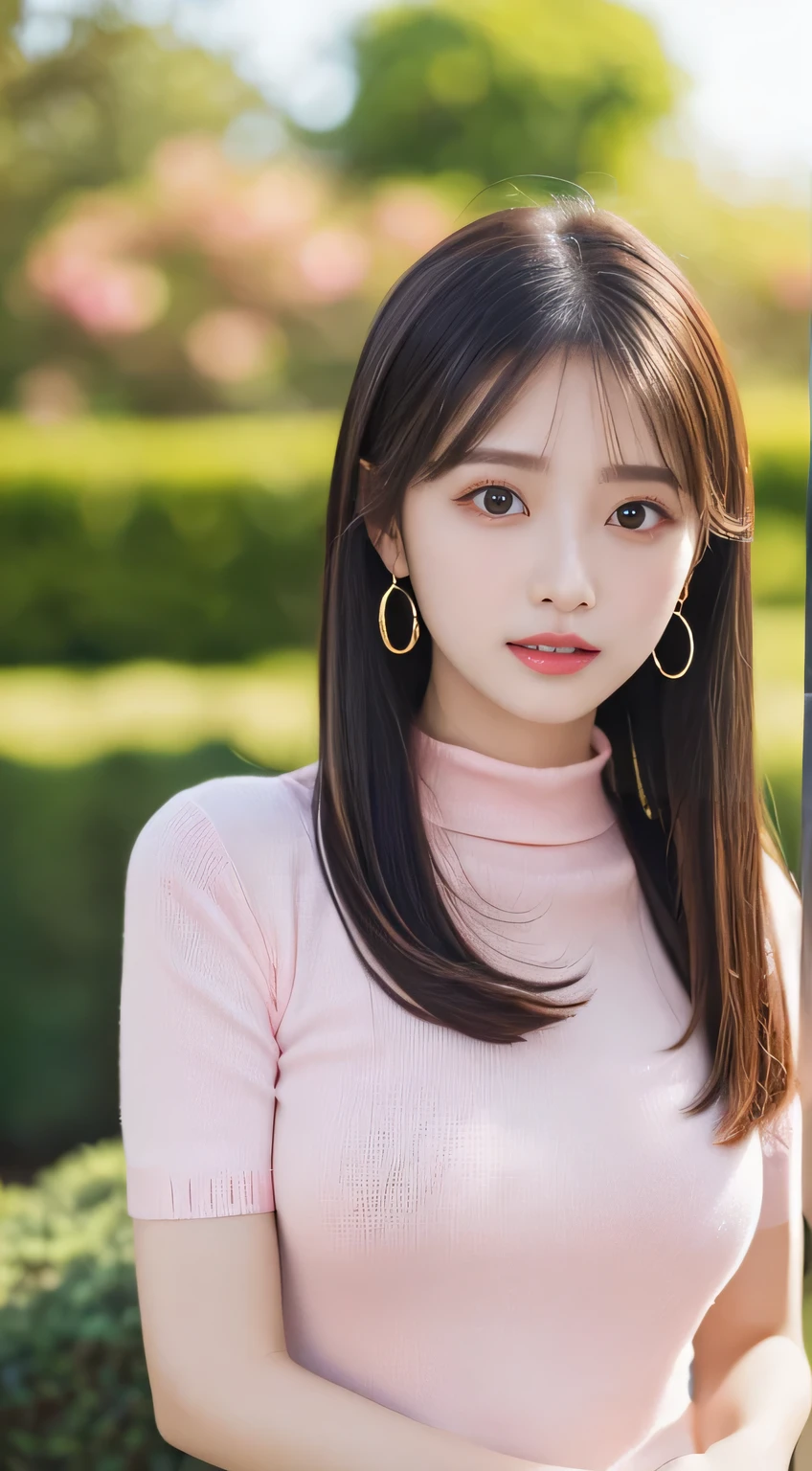( Beautiful Girl、cute face、stares at viewers:1.3)、Top Quality,8K image、 Patchy double eyelids、happy、natural makeup、 Moi Strip、white skin、( straight hair 、 medium hair、 straight hair , Strongly blurred background、garden :1.3),(pink knit、 tight knit 、Short sleeve:1.4),Well-Shaped Breasts、earrings、necklace、