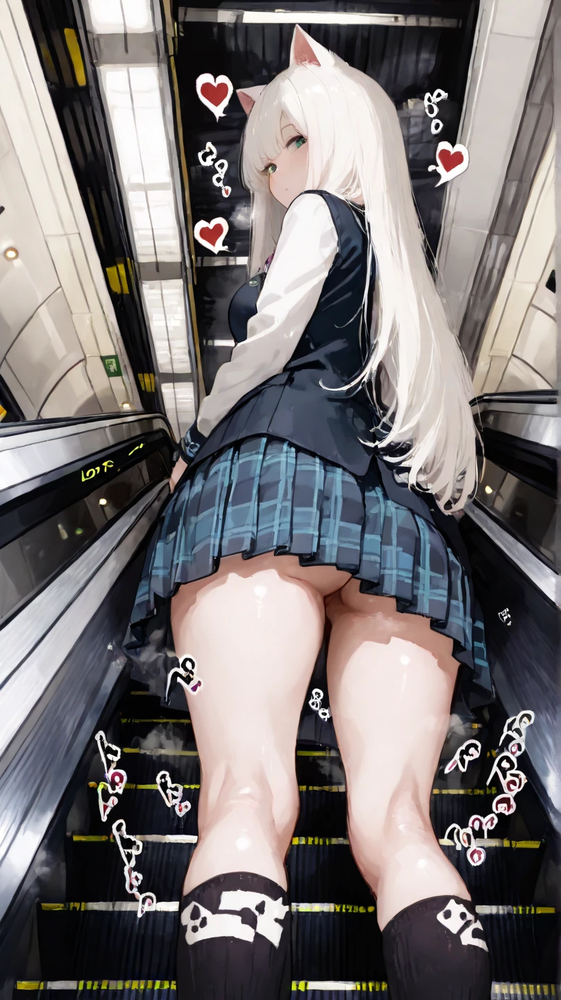 Masterpiece realistic, from behind,((extremely beautiful  very young white girl going up the escalator turning around looking at viewer), (((she has the most sensual toned thighs wearing exquisite black tights))), (she is , with very wide hips, wearing red plaid skirt and white Balenciaga sneakers), ((looking at viewer extremely annoyed)), (((she pulls her skirt down covering her booty))), (((stretchy pink thong detailed sidebands))), ((showing rejection to viewer)), very expressive eyes, (, frown), illustration, dark fantasy
