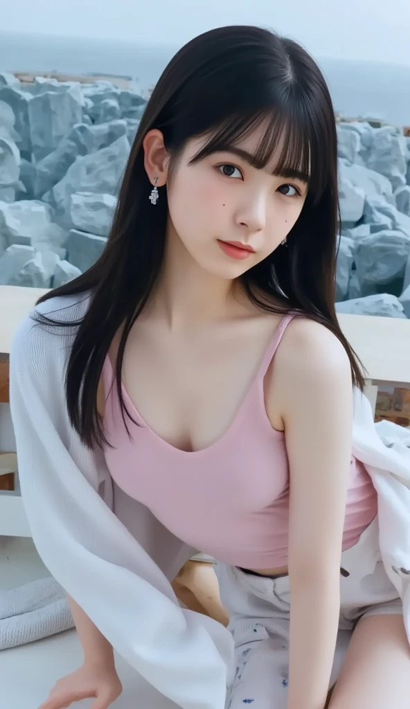high quality,Accurate, charm,young woman, 日本のyoung woman、Thin lips, Black curly hair, look forward to, Cute mini dress that shows off cleavage, beautiful, Thigh-high loafers, Dangling earrings,Choker Necklace, Evening beach, sunlight,viewing angle、(Peeしたい,Pee:1.4)、(Small breasts:1.5),(front、Chest、Forward bendingみ:1.7)、(落ちているPicking up things体勢、Picking up things:1.5),Well-groomed、balanced body、cute、beauty、(Forward bending、Touching the toes)