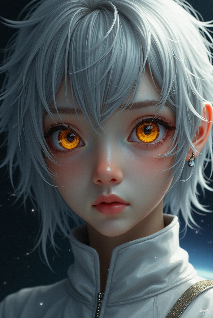 4k portrait,machina,1 man,muslce,sharp focus,colored skin,grey skin,cracked skin,short hair,white hair,hair over eyes,purple eyes,one eye revealing under hair, portrait,detailed skin,detailed eyes,menacing,headgear,horns,upper body