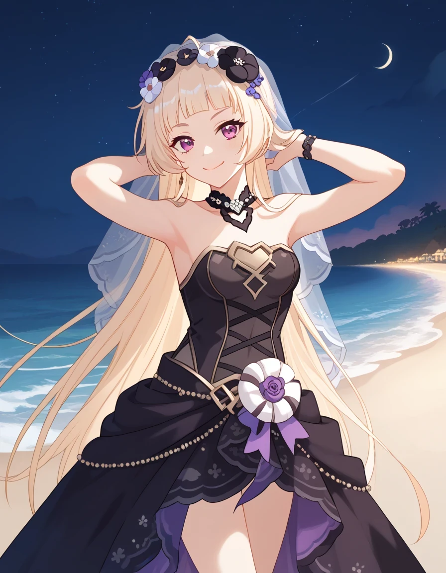 YukiCeremonial, blond hair, long hair, bare shoulders, black dress, bridal veil, black veil, hair flower, strapless dress, game screencap, shiny skin, high quality, solo, night sky, beach, ((hands behind head)), ((contrapposto)), closed mouth, cowboy shot, looking at viewer, smile, best quality