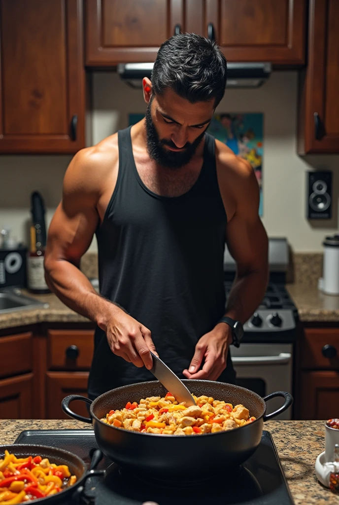create a image of a bodybuilder cooking