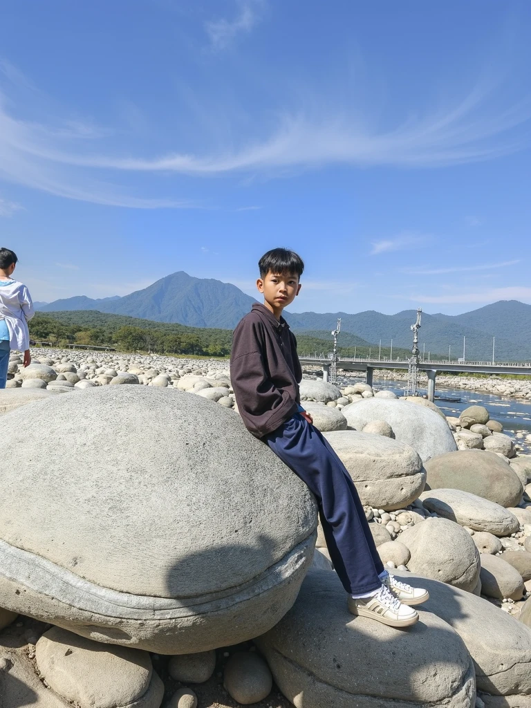 There is a cartoon boy sitting on the ground with his feet up, wearing a fighter mech, a work of art in the style of Guvez, inspired by Ding Yunpeng, in a museum, in the ancient city,
