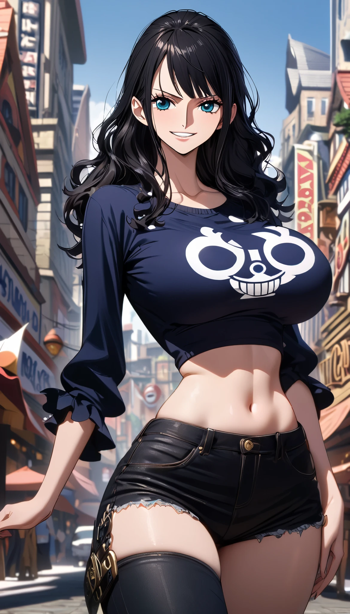 masterpiece, best quality), intricate details, 1 girl, woman, black hair, nico robin \ (one piece\), (medium hair), crop top t-shirt long sleeve, large breast, black jeans, female focus, outdoors, city, looking at viewer, smile close mouth, ((front view)) ((close up shot)) ((solo)) detailed, very high resolution, no blurry image, full body, blue eyes, sligh wavy hair, ((nico robin from one piece)) ((female nico robin from one piece)), outdoors, city