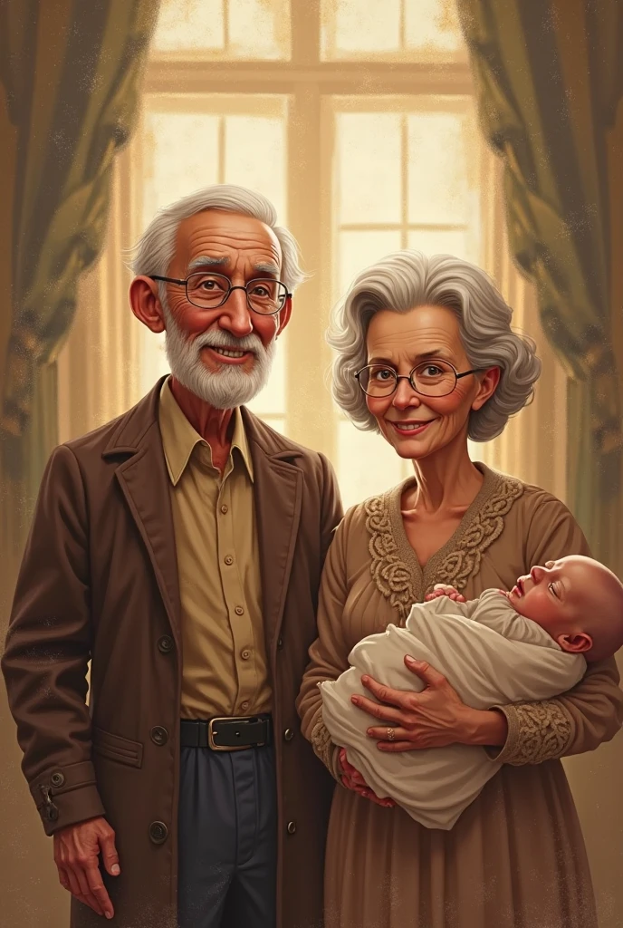 Make a Disney Pixar-type image of a couple of grandparents holding a baby with angel wings in their arms 