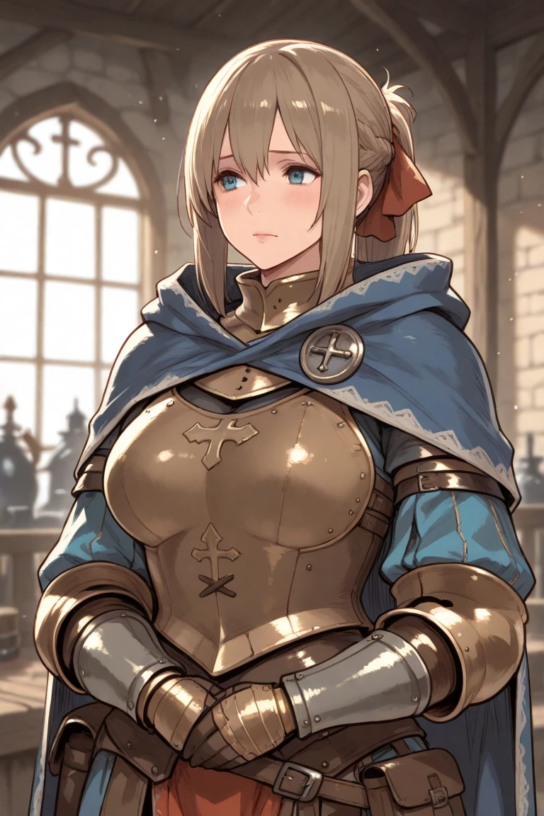 (((Masterpiece, highest quality, high definition, high detail)))), (((fantasy))), ((in a tavern)), ((tavern background)), (((one girl))), detailed eyes, beautiful face, paladin girl, wearing armor, girl with dark skin, ((short blonde hair)), blue eyes, blunt bangs, wearing paladin armor, athletically fit, blushed face, large breasts, she is looking at the viewer, (((solo girl in middle)))