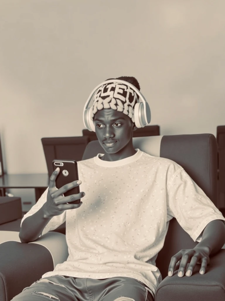 There is a man sitting on a blue couch wearing a green mask, sentar-se casualmente, com uma pose cool, Upload de alta qualidade, Sittin, Pose legal, sitting on couch, sitting on a couch, sentado em um lounge, em estilo de davey adesida, com fones de ouvido, sentado em uma cama, relaxing after a hard day, exclusivo