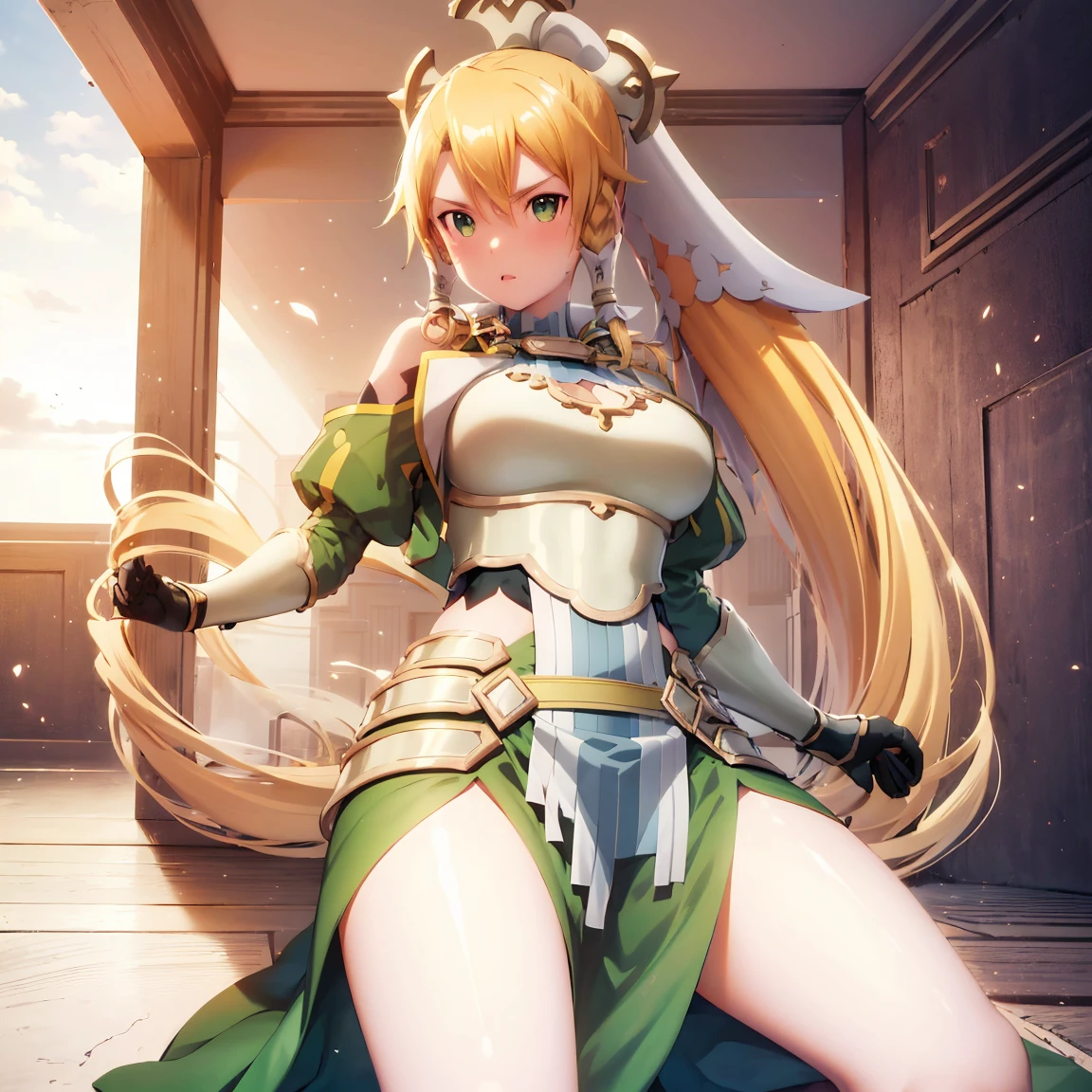 tall, curvy, big breasts, femdom, holds and lifts breasts, shot from below, watching at me, smile, holy swords with blood 