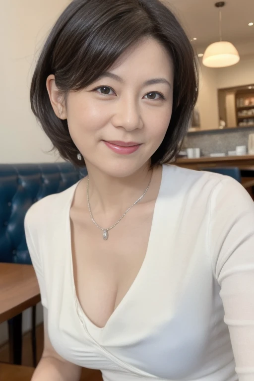 Huge breasts、(extremely realistic photographs, high resolusion, Detailed face, Detailed eyes) thin japanese woman, 40 years old, Cute face, skinny body shape, very thin waist, Lying in bed、超A high resolution、short-cut、A dark-haired、Cute smile、married woman、A MILF、Glossy Japan