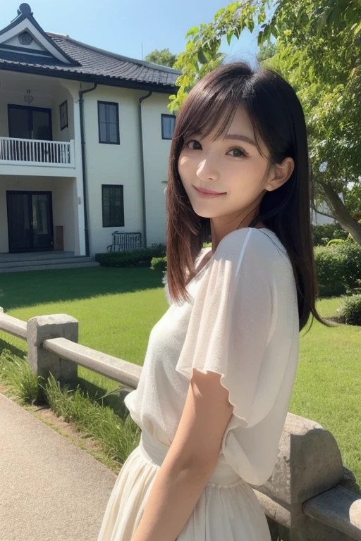 ((Best quality at best, 8K, On the table:1.3)), beuaty girl, pure, Pink cheeks，Melon seed face, gentle and cute, Thin stature, (Frontal lobe), (headtilt), look straight at the camera, [separated sleeves::0], 、Long straight black silky hair, Long hair flowing past shoulders, Big, round, black eyes, clear big eyes, Moist red lips, A sweet smile, sitted, with hands resting on knees, with blue sky and white clouds, rays of sunshine, grassy fields, The top of Mount Fuji, North view of the Tibetan steppe,The background is natural scenery