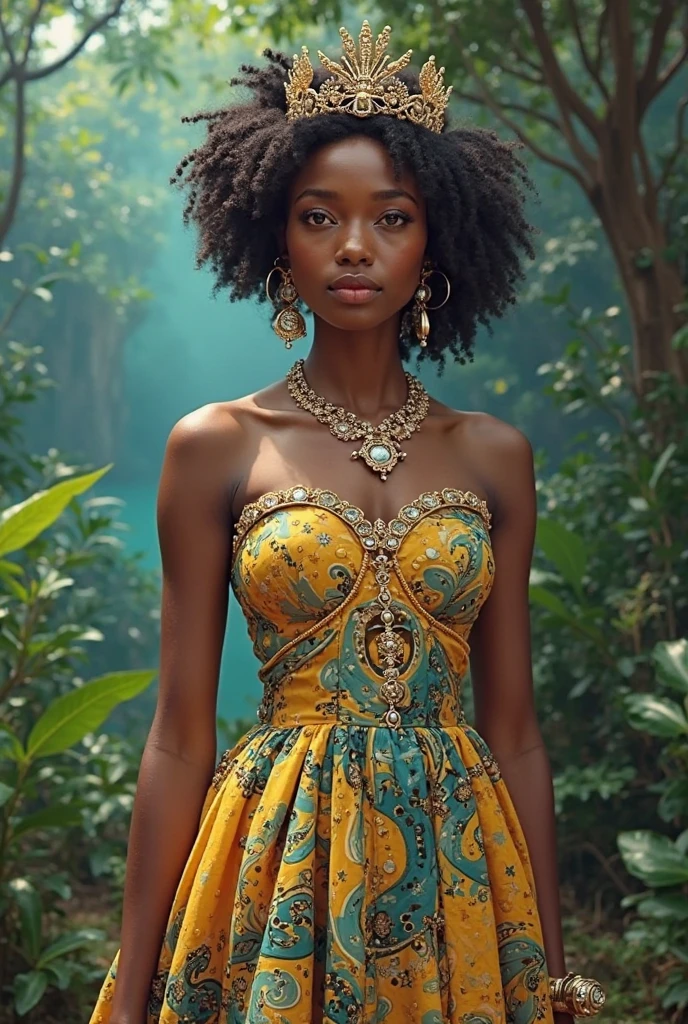 "Create a photorealistic image of a majestic African woman in her mid-20s, standing gracefully in a verdant, ancient garden. Her smooth, dark skin glows under the soft, filtered light. She wears a regal, floor-length gown in a rich shade of mustard gold, embellished with delicate embroidery and traditional beadwork. Her hair is styled in an intricate updo, crowned with an ornate headdress adorned with gold and gemstones, symbolizing her noble status. She is adorned with traditional African jewelry, including a layered choker necklace, dangling earrings, and intricately designed bangles. The background is lush with tropical plants and weathered stone columns, giving the scene a sense of timeless elegance and natural splendor. The lighting should accentuate her elegance and the richness of the colors, while also capturing the serene, almost mystical atmosphere of the setting."