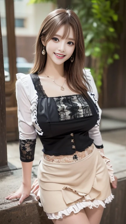 8K, masterpiece, RAW photo, highest quality, realistic, extremely detailed CG unity 8K wallpaper, Depth of bounds written, cinematic light, Lens flare, ray tracing, (very beautiful face, beautiful lips, beautiful eyes), face with intricate details, ((super dense skin)) 1 girl, in the dark, deep shadow, pretty asian girl, Idol, 1 girl, (very slim slender fit-muscled body:1.3), ((looking at the viewer)),(big smile:1.3), (tight lace blouse), ((white collar blouse)), (short sleeve) , (city night, dark night, (neon sign), (blurred background), dim light, cityscape, roof, beautiful earrings, bracelet, necklace, pantyhose, clear eyes, (white skin), (Big eyes), look forward, ((upper body shot)), (Silk Red Color Skirt), (brown hair),((Lace skirt)), (looking at the viewer:1.3), open chest, (very slim), medium breasts,((Laced ups and downs)), updo hair, mini skirt, short hair, sit, high heels, laced stockings, full shot, on chair, drink coffee