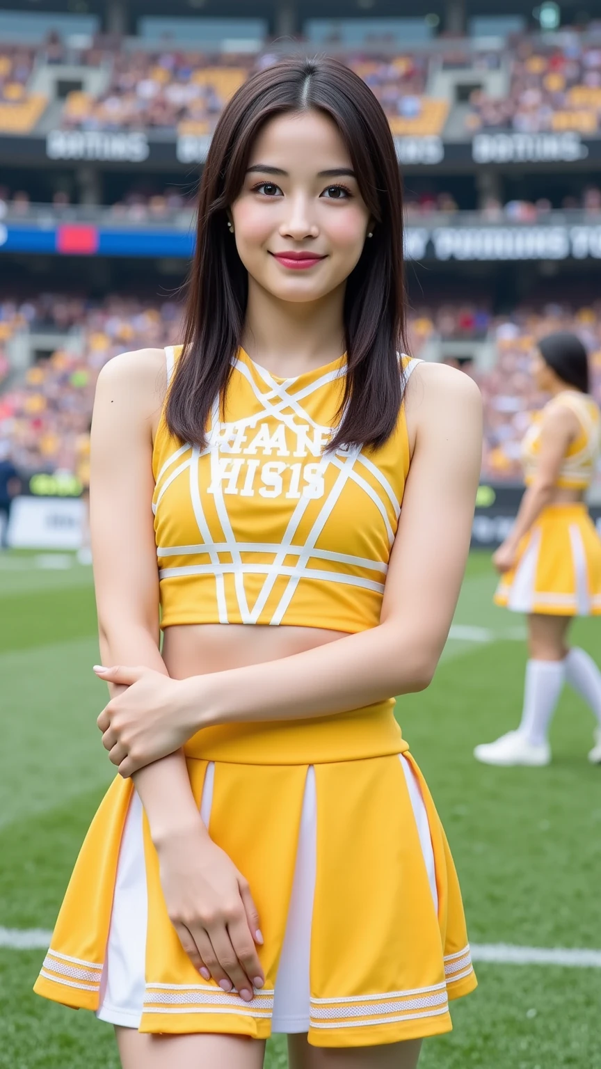 (Best Quality, master piece, Ultra high resolution, (Photorealsitic:1.4), Raw photo, extremely detailed), cowboy shot, dynamic pose, (1girl, 12-years-old, Japanese idol and the most popular cheerleader, dancing at school festival's stage, upturned ass), (wearing yellow Cheerleader's sleeveless shirt and yellow pleated mini skirt), Holding pom-poms in her both hands, amazingly cute smile, extremely cute face like a Japanese famous idol, amazingly beautiful big black eyes, beautiful black hair, detailed face, detailed hair, detailed body, detailed hands, detailed arms, detailed legs, detailed thighs, detailed toe