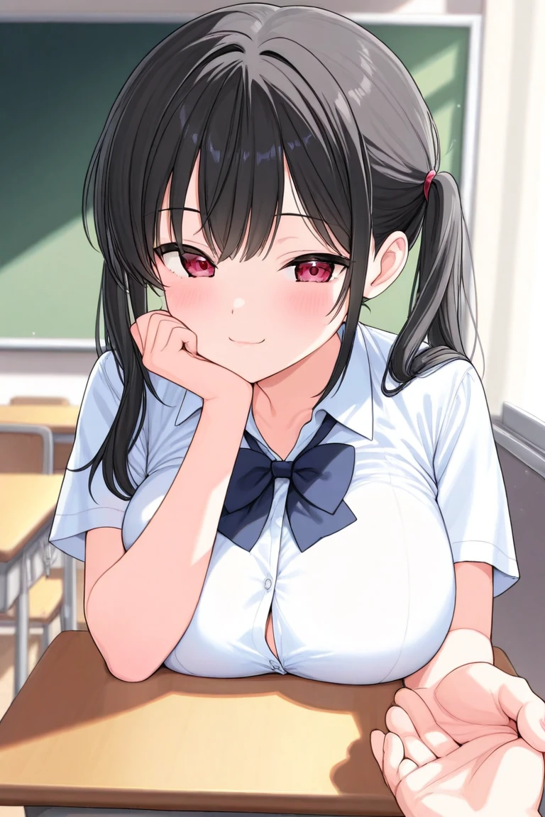 (Pieces fly, Highest quality, High resolution, Ticker, Pixel perfect, Depth of written border, In 4K),
1 Girl, alone, , Beautiful Anime Girls,
View your viewers,
Perfect body,
short hair, Black Hair, Pink Eyes,
smile, Open your mouth, blush,
JK Huge , White shirt, big , Blue Ribbon,
classroom,
throw, Close-up shot,