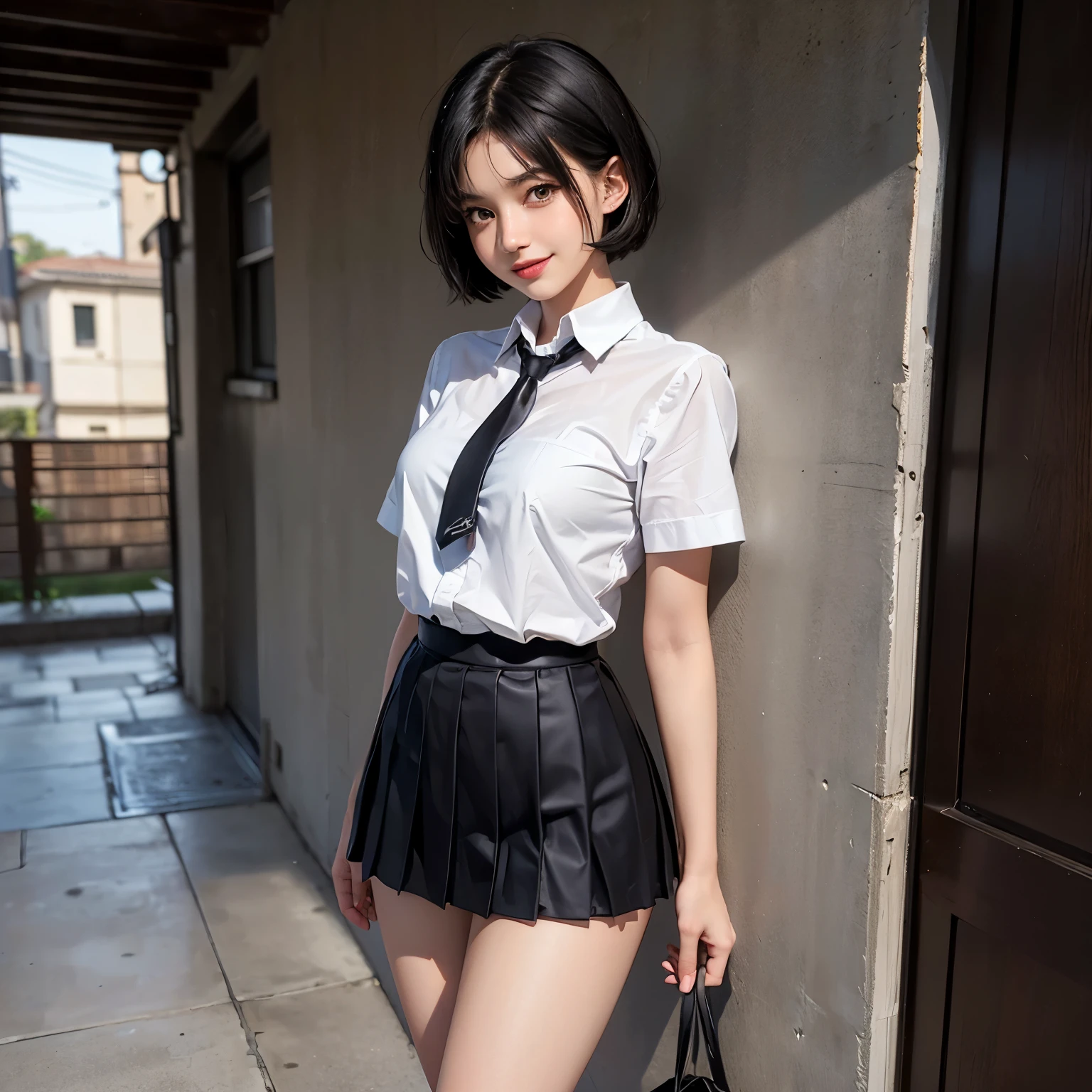 (((Clothing:2.0, Sailor Uniform:2.0, mini skirt:1.8, See-through:1.3))), (Wet:1.2), ((Modern city:1.8)), ((A grin:1.3, Short Hair:1.2, slender:1.5, Small Ass:1.5)), ((Japanese, 1 Girl, 18-year-old, 7 heads, Ideal body proportions, Black Hair, With bangs, Small breasts, Erect nipples, slender, Small Ass, Beautiful feet, Skinny Legs)), Surrealism, Cinematic Lighting, Depth of written boundary, First Person View, F/1.8, 135mm, Ticker, Mastepiece, Curate, ((Anatomically correct:1.3)), Textured skin, Super Detail, High detail, High quality, Awards, Best Quality, High resolution, 8K