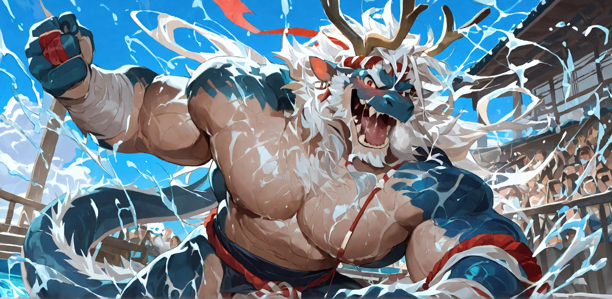 male focus, bara, 1boy, furry male, muscular male, muscular, solo, furry, horns, pectorals, tail, large pectorals, beard, hip vent, mature male, water, antlers, animal ears, white hair, dragon boy, long hair, facial hair, dragon horns, sky, bare shoulders, fighting stance, hakama pants, white hair, feet out of frame, dragon tail, smile, thighs, white fur, outdoors, thick thighs, looking at viewer, red eyes, bandages, blush, Awkward, naked, Deep Breath , wet little eyes , swollen cheeks , I'm panicking , steamy breath , Smell the audience, Tongue, Dirty, Dirty, greasy, Rough, mature, Strong expression, sharp gaze. open mouth ,Tongue,saliva,blush,heavy breathing,full body图,(((I have a lot of chest hair1.8))),A lot of tail hair。cum in clothes, , only underwear,male underwear,大肛门,肛门未盖住,large pectorals, penis,