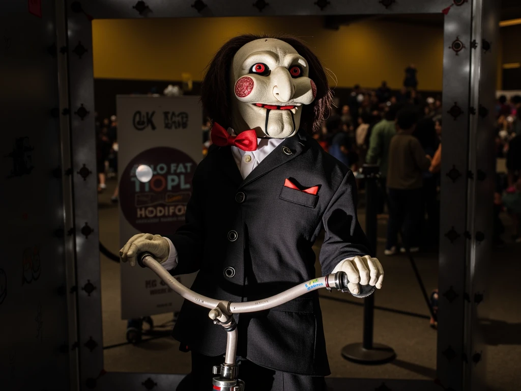 (knitted toy voodoo doll:1.5), (voodoo doll Jigsaw:1.7), (clothing: black suit with white gloves, red bow tie:1.3), (accessories: tricycle with red and white details, iconic mask from the Saw movie:1.2), (background: dimly lit industrial basement with flickering lights, rusty pipes and an eerie atmosphere reminiscent of the Saw movie series:1.2), best quality, masterpiece, detailed soft oil painting, detailed background, dramatic cinematic lighting, soft edge lighting, professional, dramatic lighting, hard edge lighting, ultra quality, 4k,masterpiece, best quality, 8k, ultra highres, highres, extremely detailed