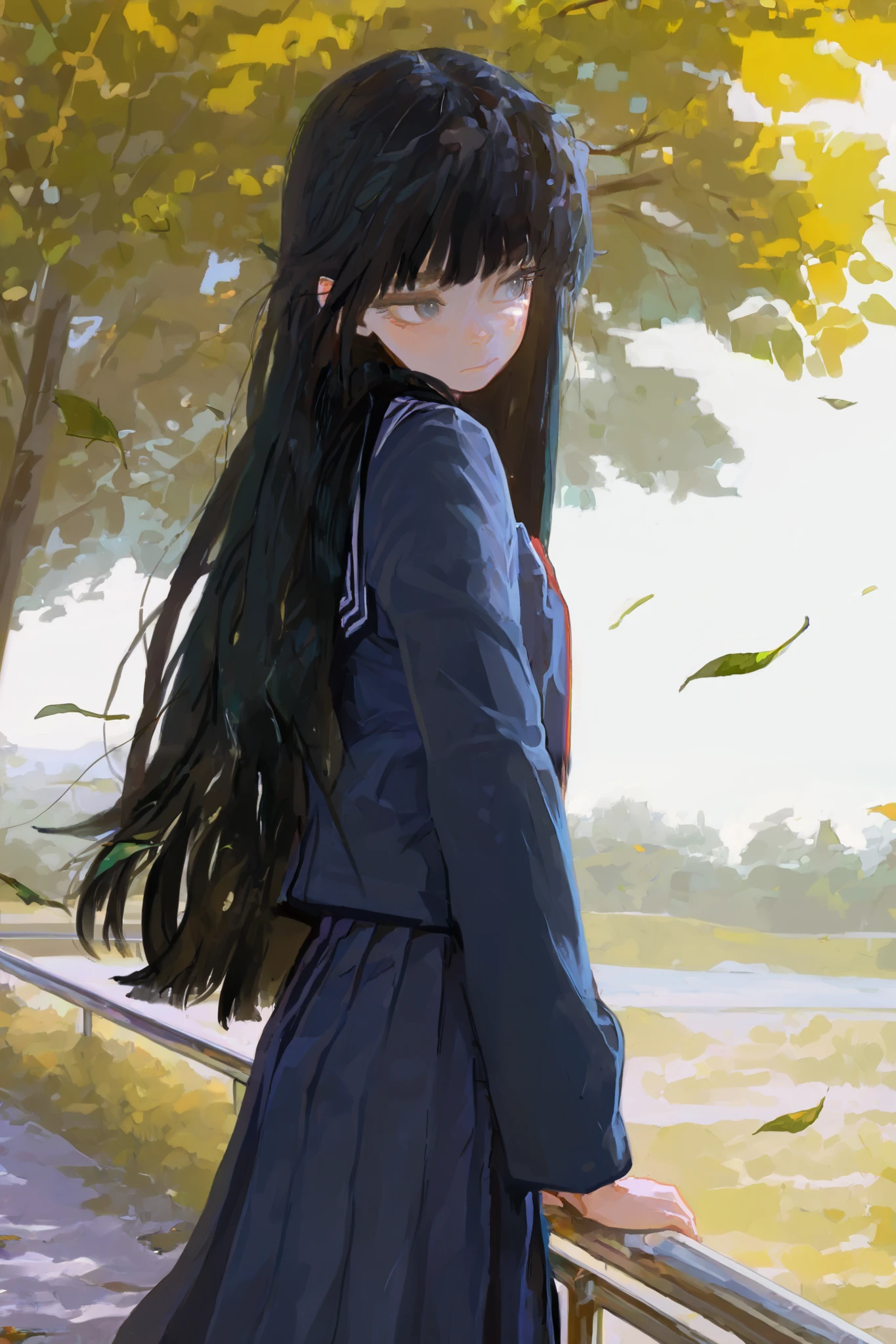 HDR, 8K, high contrast, masterpiece, best quality, amazing quality, very aesthetic, painting artstyle, realistic, newest, hyperdetailed painting, brushstrokes, digital painting,
BREAK
bounce light, hyperdetailed, detailed hair strands, detailed fibers, aesthetic, 8k wallpaper, detailed, masterpiece, best quality, amazing quality, very aesthetic, absurdres, 8K,masterpiece, great colors, color theory, great lighting, great composition, flawless. 1girl, Hime cut, black hair, bleached hair, grey eyes, school outfit, looking to side, leaves in the wind, sharp sunlight, windy, tree shade, railing, japanese road background.