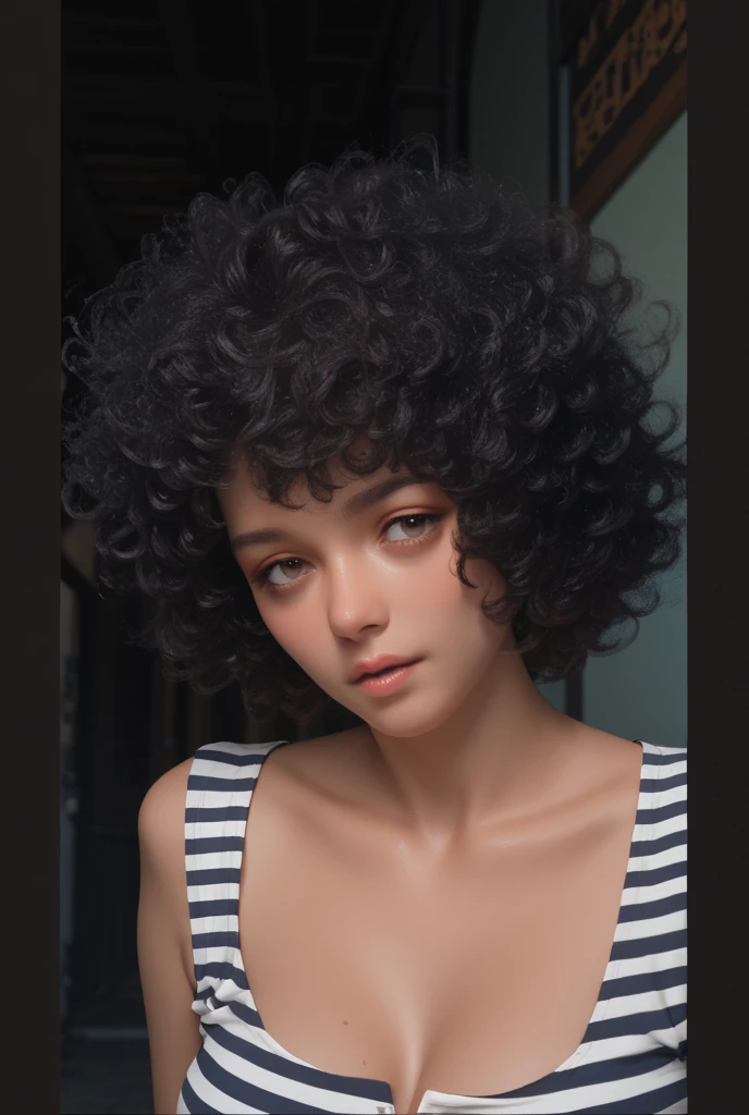 arafed woman with black curly hair and blue eyes posing for a picture, looks like britney spears, with haunted eyes and curly hair, curly bangs, short black curly hair, (dark shorter curly hair), black curly hair, curly afro, inspired by Cindy Sherman, in style of ultra realistic, drag queen, curly middle part haircut, portrait of lady gaga