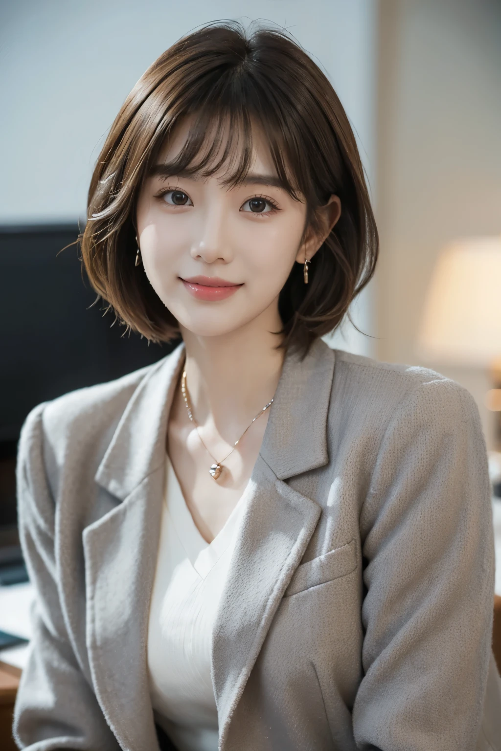 young woman、、 Intricate details, 、ear piercing、Looking into the camera、short hair、smile、Brown Hair、 Clear beauty, (High quality fabric, Office Lady Suits 、Jacket、Unbuttoned shirt、Necklace around the neck、Dark eyeliner、 The background is the office

