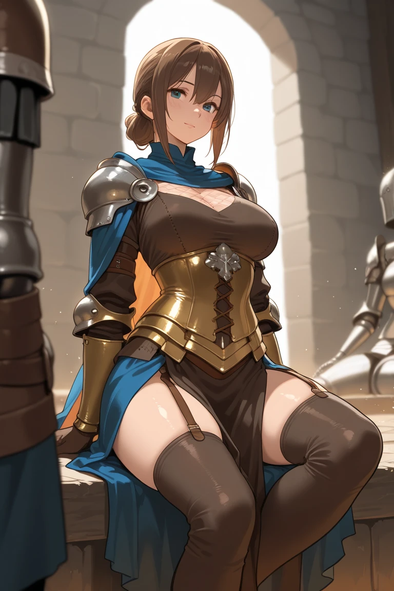 1girls armor big breasts blue eyes breasts brown hair exhibitionism female female only functionally nude gauntlets gloves hair nude partially clothed public nudity pussy long hair shoulder pads thick thighs thighs