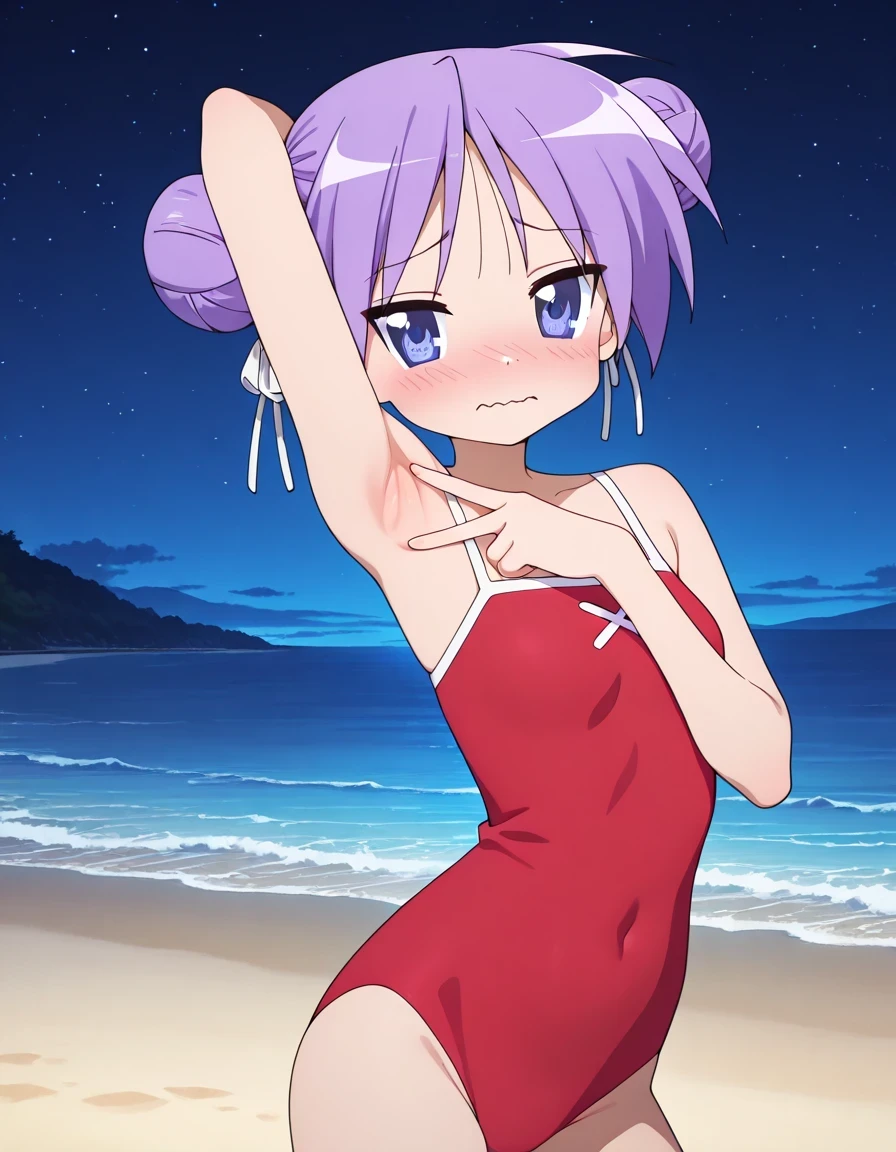 lskagami, red one-piece swimsuit, white hair ribbon, swimsuit, double hair bun, casual one-piece swimsuit, anime screencap, high quality, solo, upper body, (contrapposto), v, spread armpit, presenting armpit, hand behind head, closed mouth, bushing, wavy mouth, shy, night sky, beach, looking at viewer, best quality,