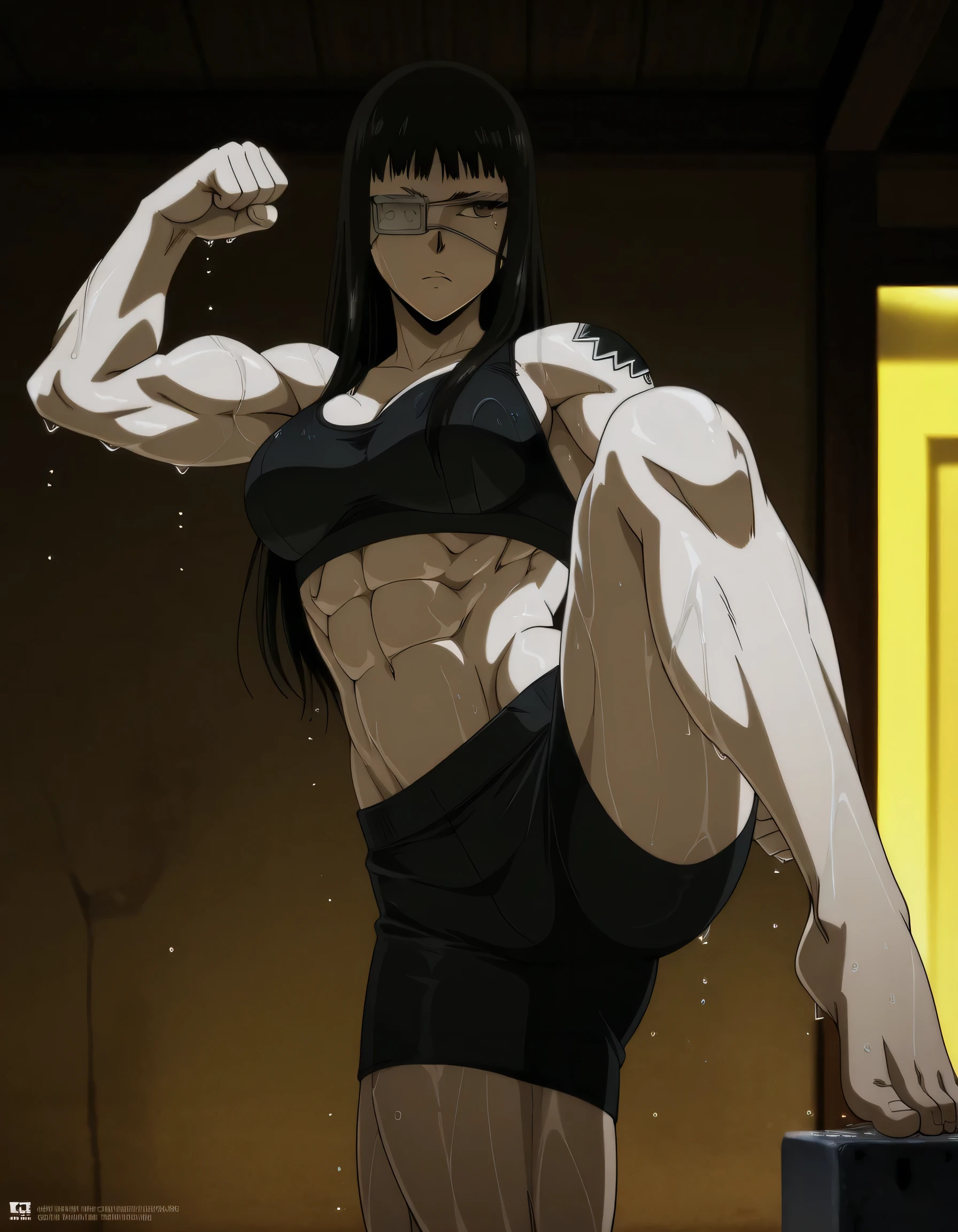 1girl,solo,mm,mature female,black hair,eyepatch,brown eyes,medium breasts,anime coloring,long hair,
muscular,black tight sport bra and black tight sport Elastic shorts,cowboy shot, , wet,in street, tattoo,
,masterpiece,best quality,amazing quality,,muscles and,muscles lines,muscles big size,pelvis muscles,strength muscles looking,dynamic air,Valmet handsome face,Shining abs and shoulders,eight-pack,iron muscles,,Barefoot, sporting attractiveness sexual attractiveness ,sexual muscles,Serious face, Valmet tall body,yellow light in room,in night,too wet,standing in fighting pose,Valmet have a penis inside her short,Bulge between valmet legs indicates she have a tall not erect penis,Valmet muscles designed indicates that Valmet has a high physical sexual activity,fits in fighting pose,leg in karate pose,leg up to middle,Shrinky shorts