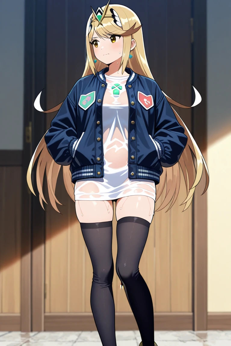 tmasterpiece, Best quality at best, A high resolution, HMAW1, long whitr hair, Black bow, orange bow, 校服, cow boy shot, standing on your feet, Classroom,(dress lift:1.2),White panties