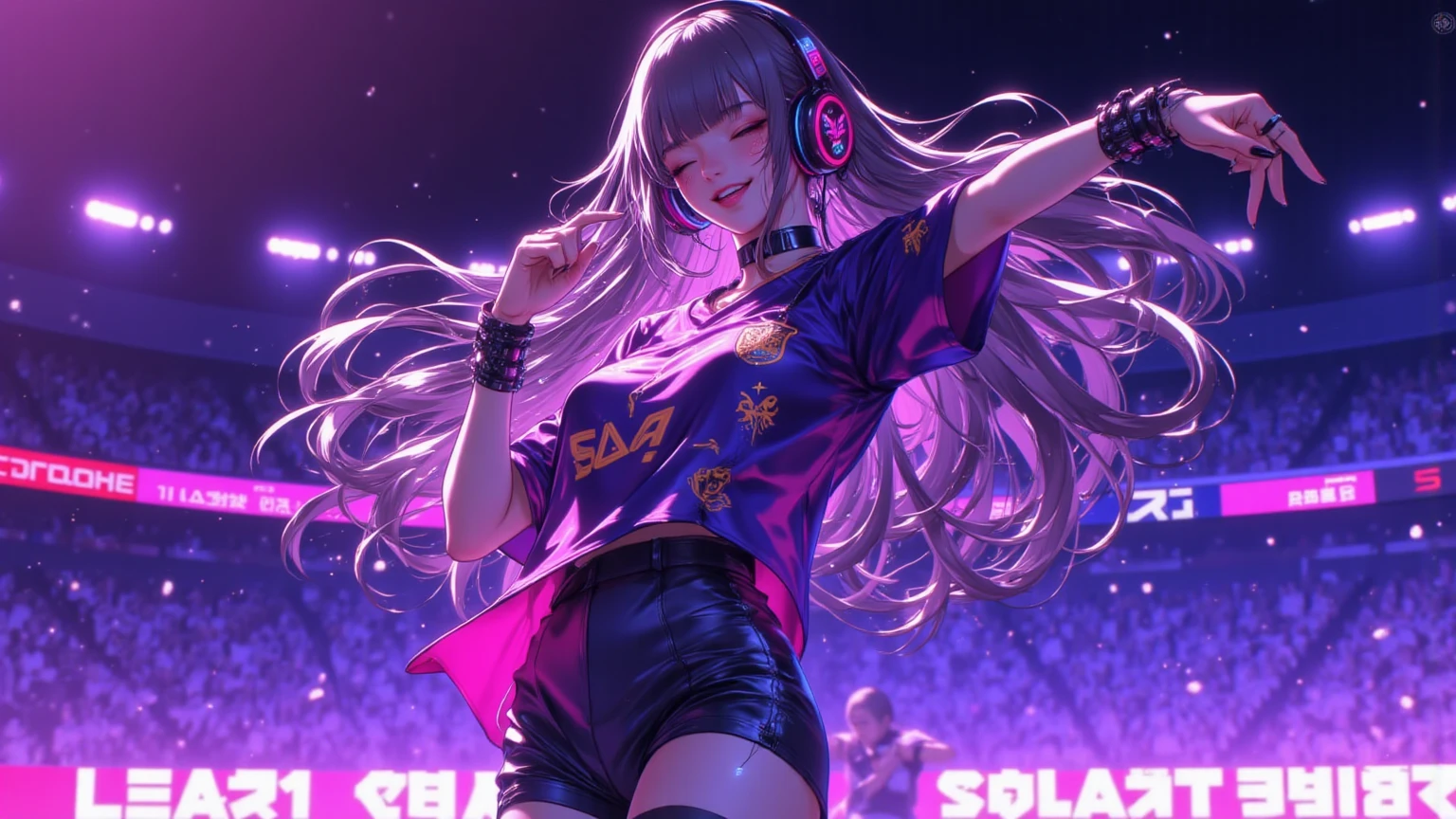 masutepiece、Ultra-high-definition digital art、(nffsw)、1girl in、Grey Color Hair、straight haired、kawaii faces、((ssmile😄))、White Sleeveless Performance Wear、headphones、(DJ Booth)、Crystal clear skin、beautidful eyes、disco、mirror ball、Two、Floor Audience、Sweat glitters、perfect hand、intricate detailes、sharpnes、Fun pose、Capture the best moments