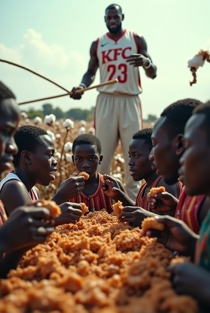 Make a black man in a cotton field holding a watermelon and fried chicken with a basketball and lots of kids with a reaper by his side in pimp clothes 