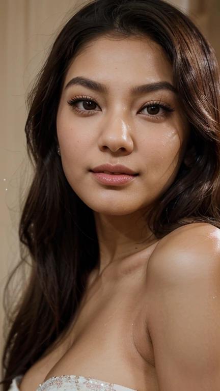 “A teenage of about 27 to 28year old Asian girl with fair skin and brown eyes is looking at the camera. Her almond-shaped eyes have a deep brown iris. She has a soft smile on her naturally pink lips and less dense eyebrows. Her hair is long and black. She has a chubby, oval-shaped face with high cheekbones and a medium-sized nose. Her skin has a natural glow, freckles, and a subtle blush. She is under soft lighting that highlights her skin texture. She is looking upwards, showing her long eyelashes. Her full lips have a natural gloss. She has various expressions, from surprise to laughter. A high-resolution image captures all her skin details. She is posing for a photoshoot with slight makeup, enhancing her natural beauty a little shine in her hair for clarity or texture even tone in skin highly detail photoshoot for the front face from a distance of about 1 to 1.5 metre with slight blush and face structure from urvashi rautela crystal clear skin with natural glow with highly detailing skin smooth texture reduce the amount of blackheads she is having apply her pink lip gloss more detailing like 8k image make mos bone smooth dtailed photoshoot from right side and front side of the face same face bt the angle of photoshoot of this model should be from right side and frot side 